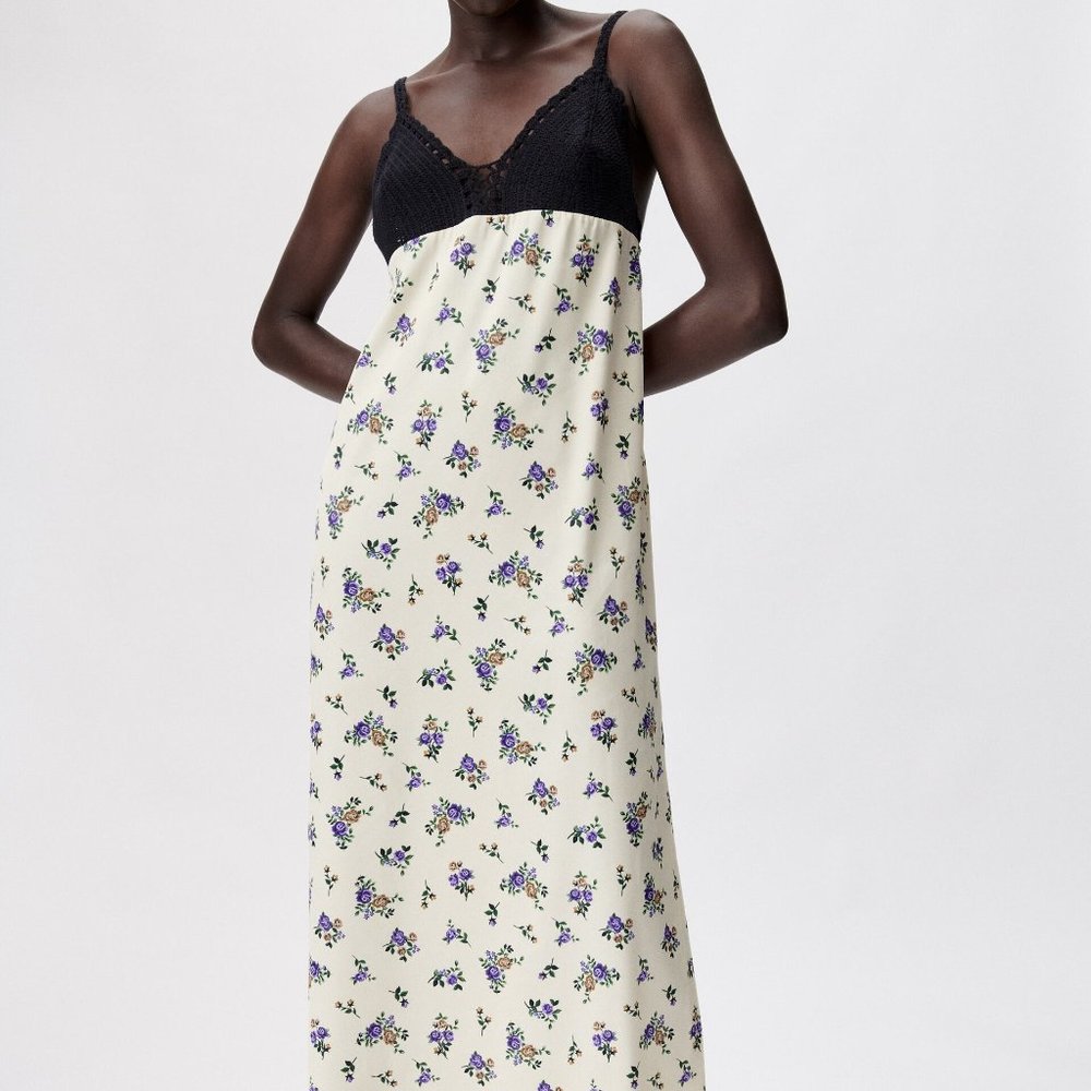 Zara Floral Satin Printed Crochet Cream Maxi Tank Dress NWT Size L